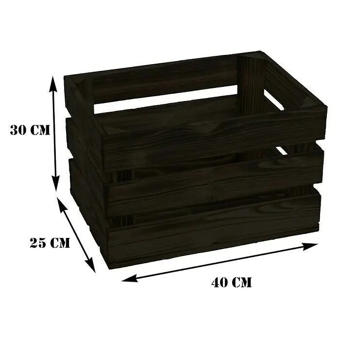 Holzkiste Bella mit Längsbrett - L x B x H: 40 x 30 x 25 cm, Braun - Nahaufnahme einer rustikalen Holzkiste mit sichtbaren Abmessungen, ideal zur Aufbewahrung oder als dekoratives Element.