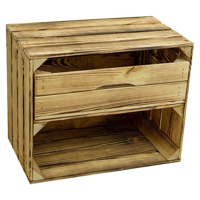 Holzkiste geflammt mit Schublade30 x 50 x 40 cm, Braun Front View