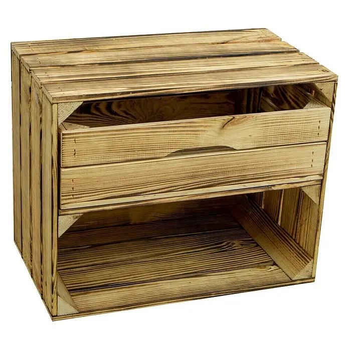 Holzkiste geflammt mit Schublade - 30 x 50 x 40 cm, Braun - Dieses Bild zeigt eine dekorative Holzkiste mit Schublade und Fach, ideal für die Aufbewahrung und als stilvolles Möbelstück.