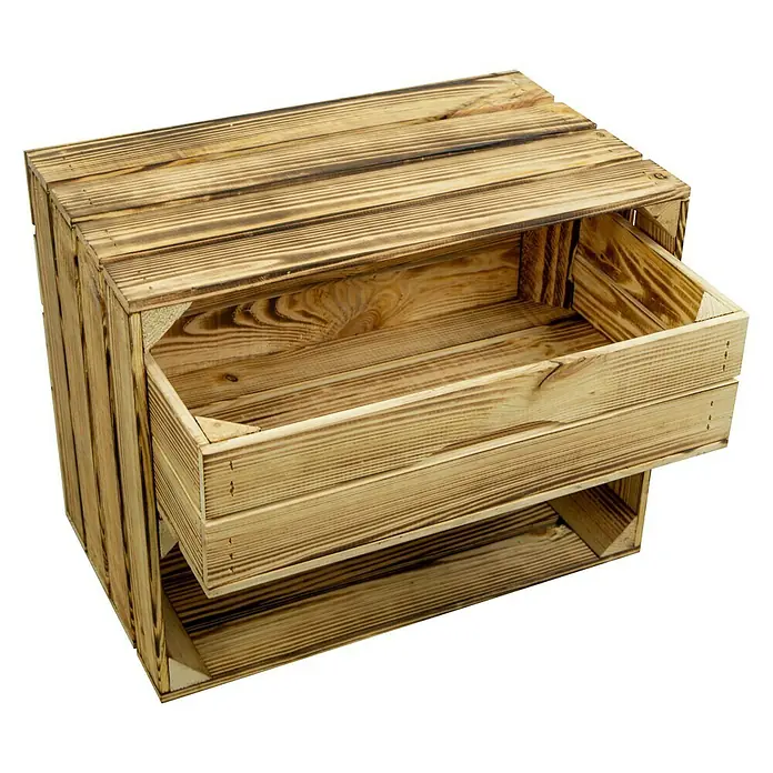 Holzkiste geflammt mit Schublade - 30 x 50 x 40 cm, Braun - Ansicht einer Holzkiste mit einer Schublade, die ein rustikales und praktisches Möbelstück zur Aufbewahrung darstellt.