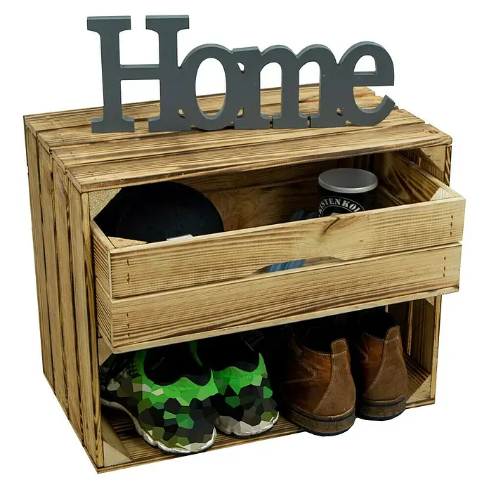 Holzkiste geflammt mit Schublade - 30 x 50 x 40 cm, Braun - Holzregal mit Aufschrift "Home", Schublade und Ablagefächern für Schuhe. Das ideale Möbelstück für einen organisierten Eingangsbereich.