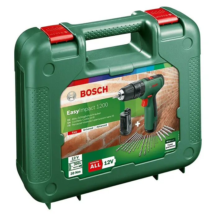 Bosch Power for All 12V Akku-Schlagbohrschrauber EasyImpact 1200 - 12 V, 2 Akkus, 1,5 Ah, 30 Nm - Akku-Schlagbohrschrauber EasyImpact 1200 von Bosch im grünen Koffer mit Zubehör. Ideal für Heimwerkerprojekte und den täglichen Gebrauch.