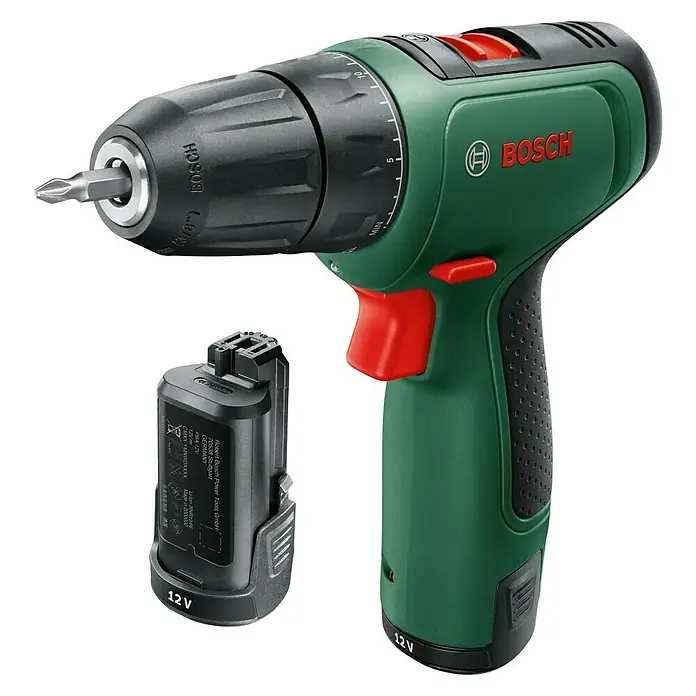 Bosch Power for All 12V Akku-Bohrschrauber EasyDrill 1200 - 12 V, 2 Akkus, 1,5 Ah - Akkubohrer von Bosch, ein unverzichtbares Werkzeug für Heimwerker und Profis, zusammen mit einem passenden 12-V-Akku.