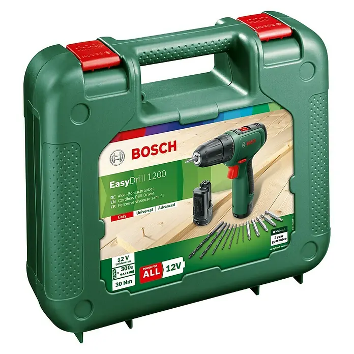 Bosch Power for All 12V Akku-Bohrschrauber EasyDrill 1200 - 12 V, 2 Akkus, 1,5 Ah - Akku-Bohrschrauber Bosch EasyDrill 1200 im grünen Koffer mit rotem Verschluss, inklusive Akku und Bohrer-Set.