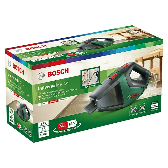 Bosch Power for All 18V Akku-Handstaubsauger UniversalVac 18 - 18 V, Ohne Akku, Behältervolumen: 0,5 l - Verpackung des Bosch UniversalVac 18 Akku-Handstaubsaugers, kompakt und vielseitig für verschiedene Reinigungsaufgaben.