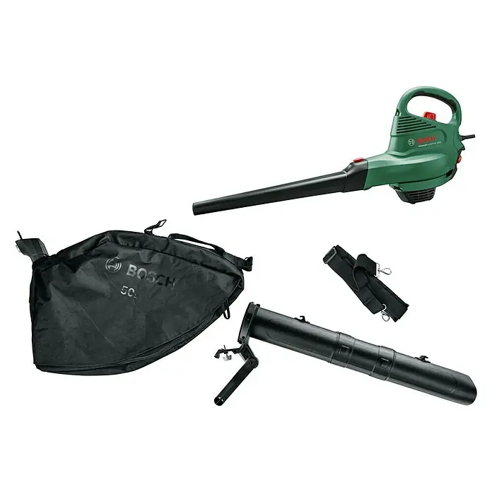 Bosch Elektro-Laubsauger UniversalGardenTidy 3000 - 3.000 W, Blasgeschwindigkeit: 165 km/h - 285 km/h - Das Bild zeigt einen Laubsauger von Bosch mit Zubehör, inklusive eines Fangsacks und eines Schultergurts, auf einem schwarzen Hintergrund.