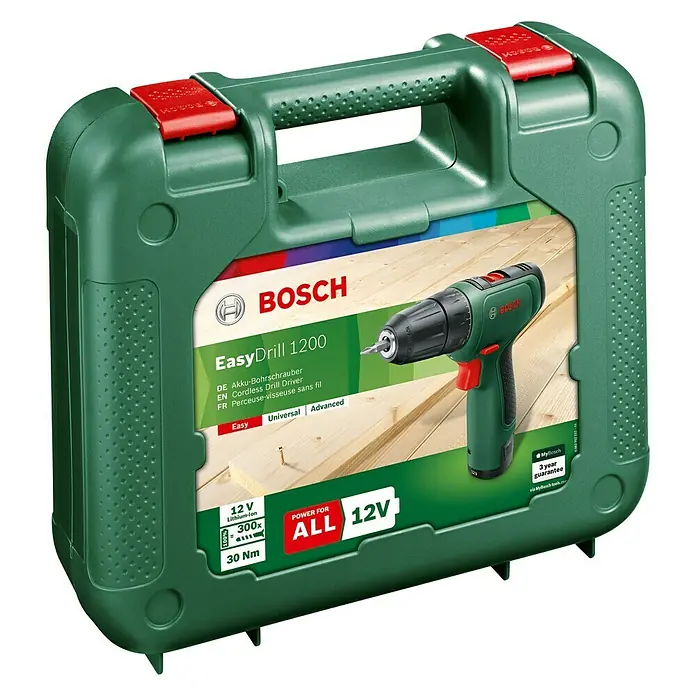 Bosch Power for All 12V Akku-Bohrschrauber EasyDrill 1200 - 12 V, 1 Akku, 1,5 Ah, 30 Nm - Das Bild zeigt einen grünen Werkzeugkoffer von Bosch mit dem Akku-Bohrschrauber EasyDrill 1200, ideal für Heimwerker.