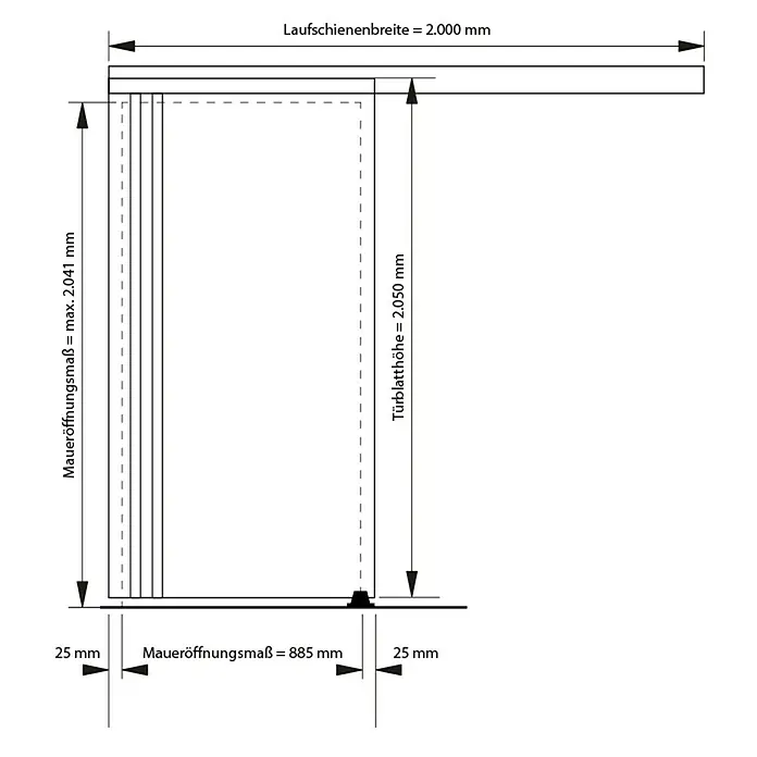 Kilsgaard Schiebetür-Komplettset 422-L - 935 x 2.050 mm, Weiß, Wabe - Technische Zeichnung einer Schiebetür mit Maßen für Wandöffnung (max. 2.041 mm), Türblatthöhe (2.050 mm) und Laufschienenbreite (2.000 mm).