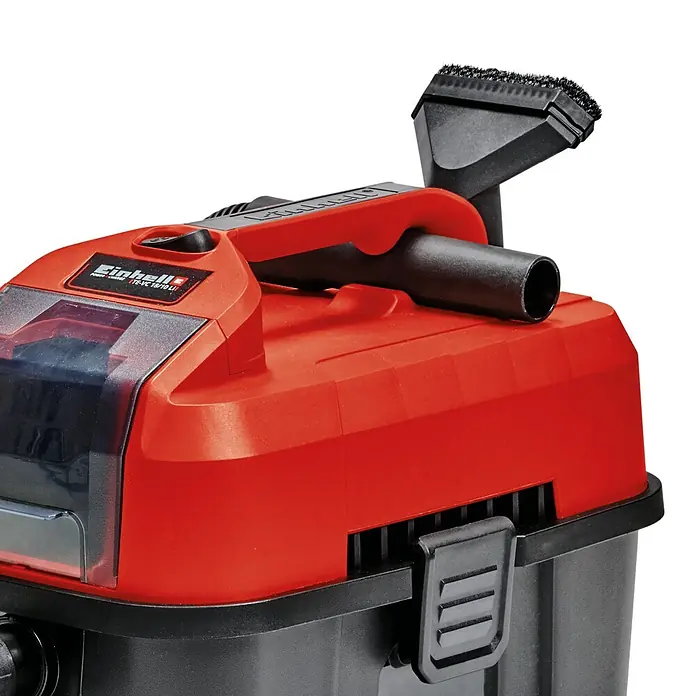Einhell PXC 18V Aspirador en seco y húmedo de batería TE-VC 18/10 LI-Solo - 18 V, Sin batería, Volumen de recipiente: 10 l - Imagen de una aspiradora en seco y húmedo inalámbrica Einhell roja y negra.