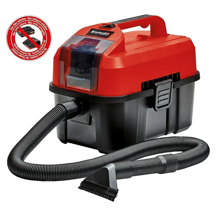 Einhell PXC 18V Aspirador en seco y húmedo de batería TE-VC 18/10 LI-Solo - 18 V, Sin batería, Volumen de recipiente: 10 l - Aspiradora en seco y húmedo a batería Einhell, roja y negra con manguera y accesorio de cepillo. Ideal para taller y hogar.