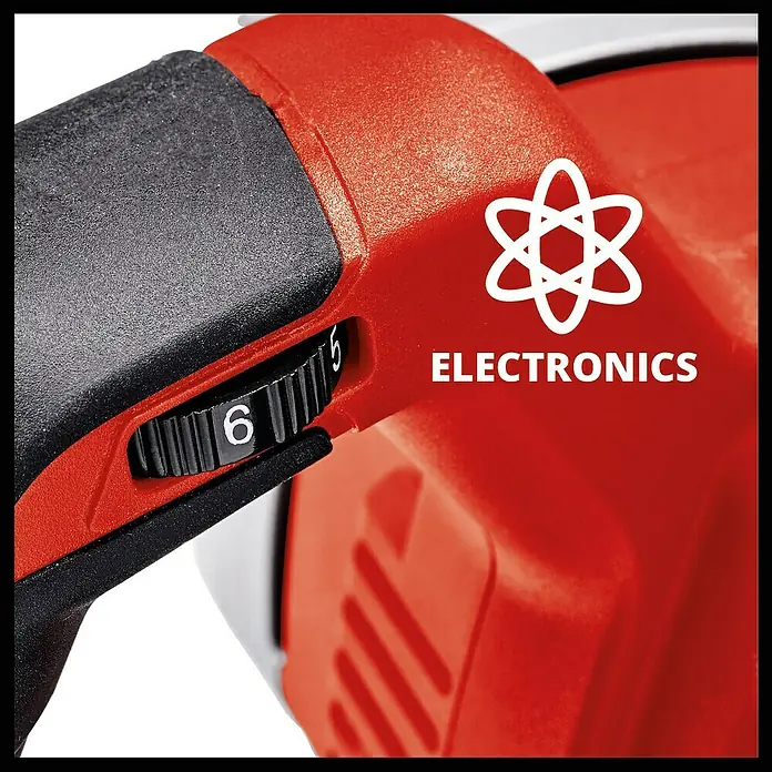 Einhell Power X-Change 18V Akku-Farbrührer TE-MX 18 Li-Solo - 18 V, Anzahl Akkus: Ohne Akku, Leerlaufdrehzahl: 620 U/min - Detailaufnahme eines Einhell-Elektrowerkzeugs, das eine Geschwindigkeitsregelung von 5 bis 6 zeigt und das Elektroniksymbol hervorhebt.