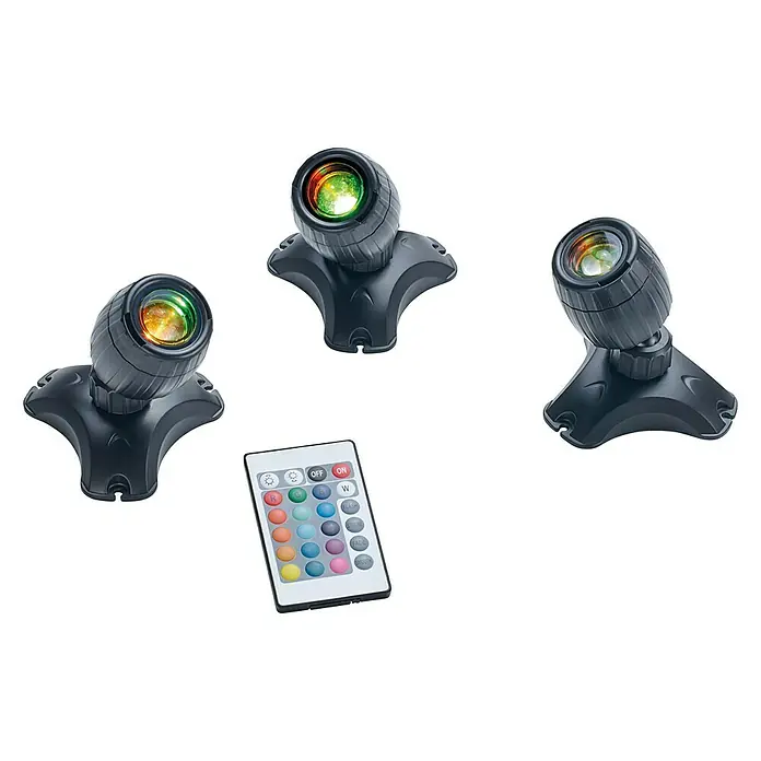 Pontec Teichbeleuchtung PondoStar LED - 3 Stk., Lichtfarbe: RGB - Das Bild zeigt ein Set aus drei LED-Spotleuchten mit Farbwechsel und zugehöriger Fernbedienung. Die Leuchten sind ideal für stimmungsvolle Beleuchtung.