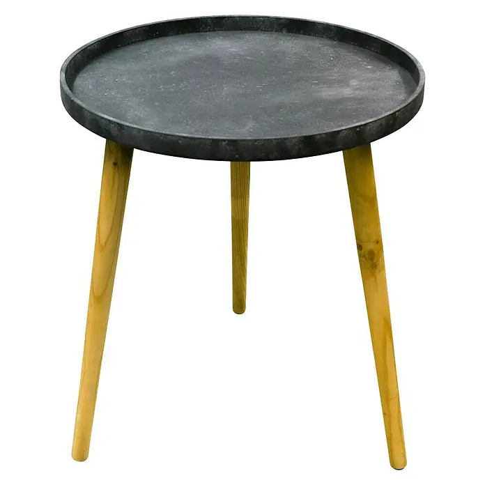Beistelltisch Zementoptik - Ø x H: 49,5 x 55 cm, Grau/Natur - Schwarzer Beistelltisch mit runder Platte und drei Holzbeinen, ideal für Wohnzimmer oder Terrasse. Das moderne Design ergänzt jede Einrichtung.