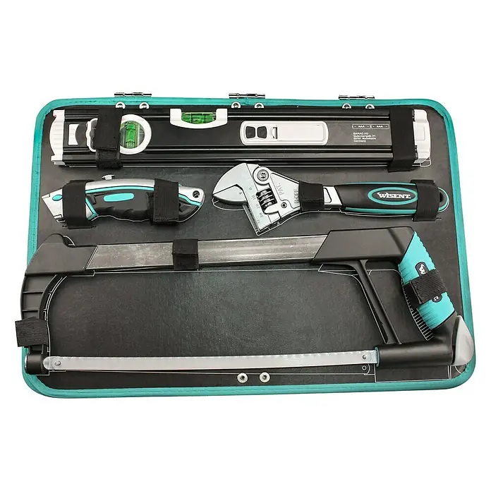 Wisent Maletín de herramientas Premium - 103 pzs. - Caja de herramientas con nivel, cúter, llave inglesa ajustable y sierra para metales sobre fondo negro.