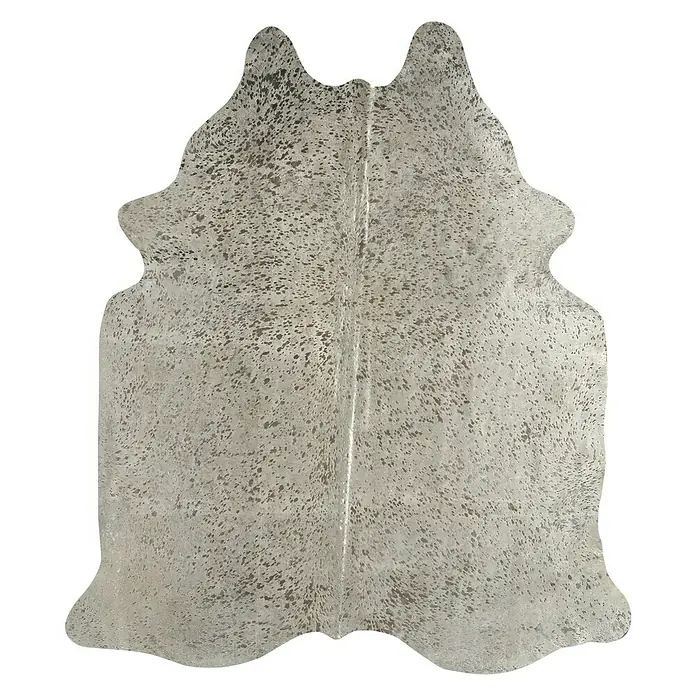 Esbeco Kuhfell Gefleckt - Silber, 100 % Echtfell - Ein silberner Kuhfellteppich mit Fleckenmuster vor schwarzem Hintergrund. Ein schickes Wohnaccessoire für moderne Interieurs.
