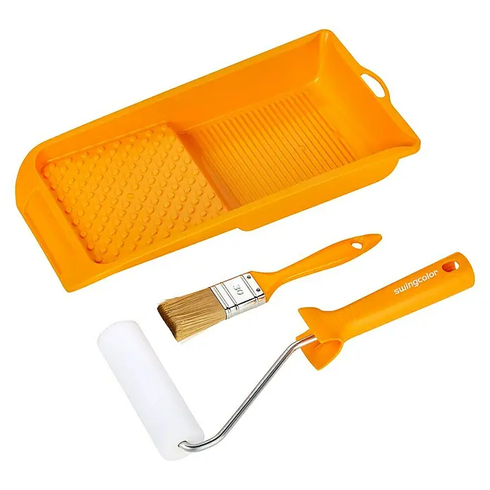 swingcolor Lackier-Set - 3 -tlg. - Farbenfrohes Malerset: Eine orangefarbene Farbschale, ein Pinsel und eine Farbwalze für Ihre Malprojekte.