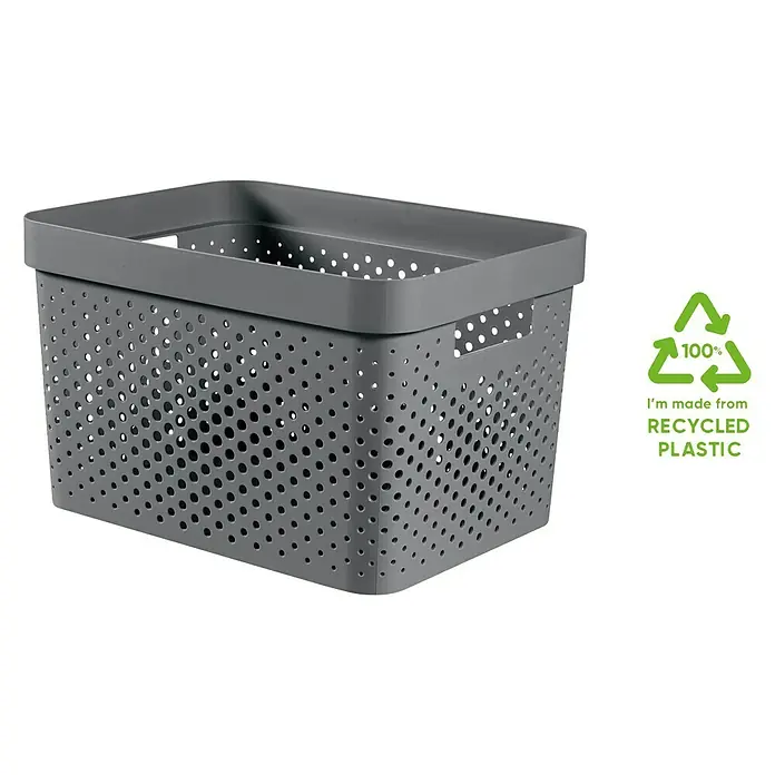 Curver Aufbewahrungsbox Infinity - L x B x H: 35,6 x 26,6 x 21,8 cm, Kunststoff, Grau - Grauer Aufbewahrungskorb aus recyceltem Kunststoff mit Lochmuster für eine gute Luftzirkulation, ideal für jeden Raum.
