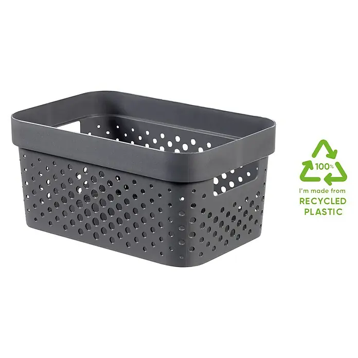 Curver Aufbewahrungsbox Infinity - L x B x H: 26 x 17,5 x 12,3 cm, Kunststoff, Grau - Dieser graue Aufbewahrungskorb aus recyceltem Kunststoff ist ideal für die Organisation von Gegenständen im ganzen Haus. Er ist robust und hat ein Lochmuster.