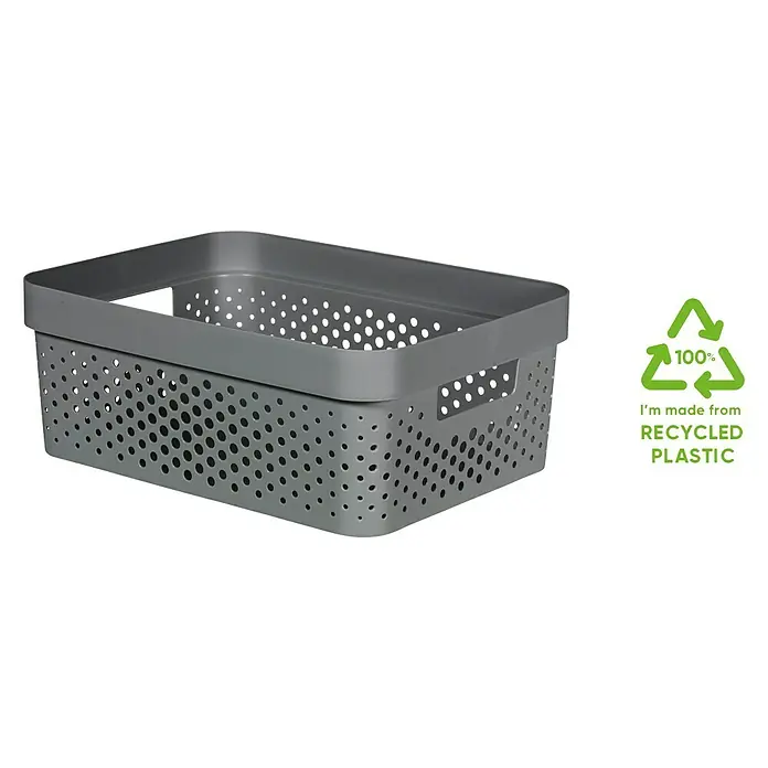 Curver Aufbewahrungsbox Infinity - L x B x H: 35,6 x 26,6 x 13,6 cm, Kunststoff, Grau - Grauer Aufbewahrungskorb aus 100 % recyceltem Kunststoff mit praktischen Löchern für gute Belüftung.