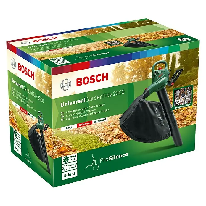Bosch Elektro-Laubsauger UniversalGardenTidy 2300 - 2.300 W, Blasgeschwindigkeit: 165 km/h - 285 km/h - Verpackung des Bosch UniversalGardenTidy 2300 Gartensaugers, der Blätter saugt, bläst und häckselt.