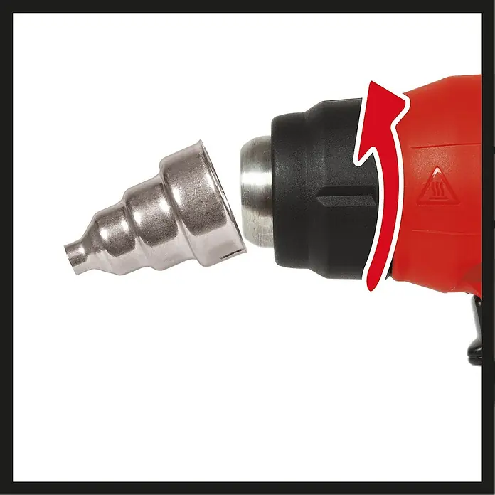 Einhell Power X-Change 18V Akku-Heißluftgebläse TE-HA 18 Li-Solo - Ohne Akku, 18 V, Temperaturbereich: 350 °C - 550 °C - Das Bild zeigt eine Nahaufnahme eines Heißluftgebläses mit Aufsatz, wobei der Fokus auf dem roten Gehäuse und dem Zubehör liegt.