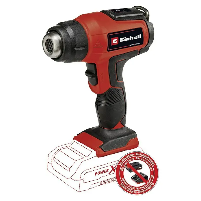 Einhell Power X-Change 18V Akku-Heißluftgebläse TE-HA 18 Li-Solo - Ohne Akku, 18 V, Temperaturbereich: 350 °C - 550 °C - Abbildung einer roten Einhell Akku-Heißluftpistole, ein vielseitiges Werkzeug für verschiedene Heimwerker- und Bastelprojekte.