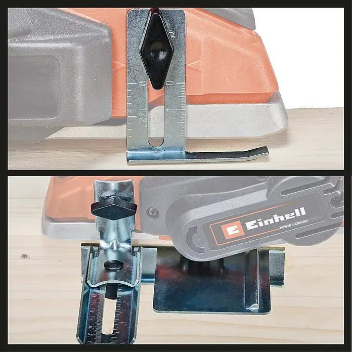 Einhell PXC 18V Cepillo de batería TE-PL 18/82 Li - Solo - 18 V, Sin batería, Número máx. de revoluciones en régimen de marcha en vacío: 15.000 r.p.m. - Imagen de un cepillo Einhell, mostrando su ajuste de profundidad para un trabajo preciso de la madera.