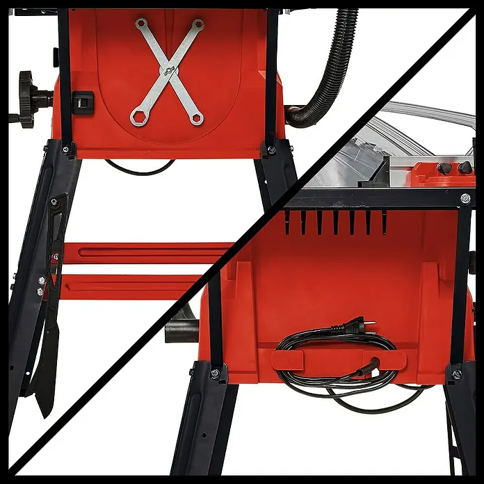 Einhell Sierra circular de mesa TC-TS 2025/2 U - 1.800 W, Diámetro hoja de sierra: 250 mm, Profundidad de corte a 90 °: 85 mm - Vista detallada de una sierra de mesa roja con estructura negra, enrollador de cable y soporte para herramientas.