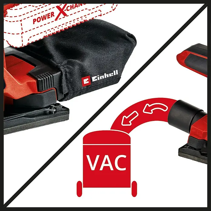 Einhell PXC 18V Lijadora orbital de batería TC-OS 18/187 Li Solo - 18 V, Sin batería, Número de oscilaciones marcha en vacío: 24.000 r.p.m. - Imagen de una lijadora Einhell con bolsa para polvo y conexión de aspiración para un trabajo limpio.