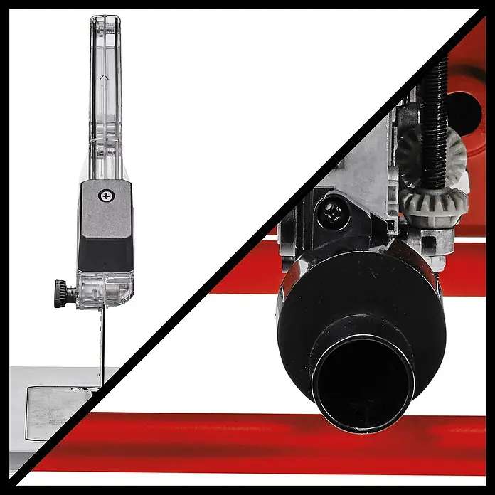 Einhell PXC 18V Sierra de mesa de batería TE-TS 36/210 - 36 V, Sin batería, Diámetro hoja de sierra: 210 mm - Imagen de una sierra de precisión con marco transparente y puerto de extracción de polvo negro, ideal para cortes precisos.