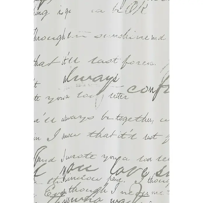 Elbersdrucke Bistrogardine Loveletter - Weiß/Grau, 100% Polyester - Ein weißer Stoff mit einem grauen, handschriftlichen Textmuster, das ein romantisches und elegantes Design erzeugt.
