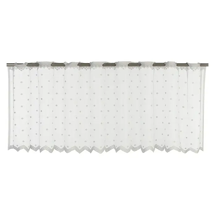Elbersdrucke Bistrogardine Celeste - Weiß, B x H: 160 x 45 cm, 100% Polyester - Ein elegantes weißes Kurzgardine mit zarten grauen Punkten und einer verspielten Bogenkante, die jedem Raum eine frische Note verleiht.