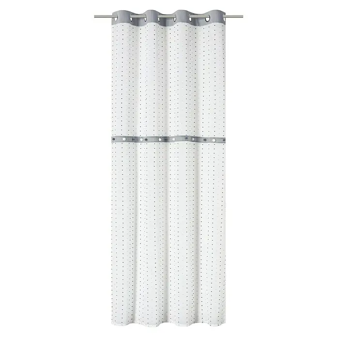 Elbersdrucke Ösenschal Bobbel - Weiß/Grau/Anthrazit, B x H: 140 x 255 cm, 100% Polyester - Bild einer weißen Duschvorhang mit kleinen Punktmuster und einer grauen Blende oben und in der Mitte.