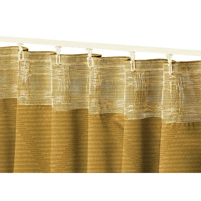 Elbersdrucke Schlaufenschal Sunny - B x H: 140 x 255 cm, 100% Polyester, Gelb - Detailaufnahme von goldenen Vorhängen mit Aufhängung an einer Schiene, die Textur und das Design des Stoffes hervorhebt.