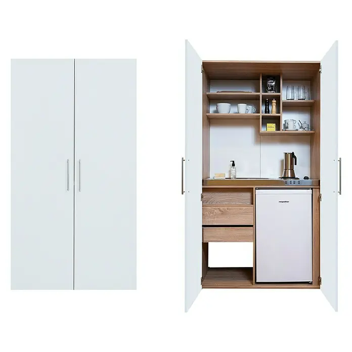 Respekta Schrankküche Peter - Breite: 104 cm, Weiß/Eiche, Mit Duo-Kochmulde und Mikrowelle - Küchenschrank mit Kühlschrank und Regalen, weiße Fronten, modernes Design, ideal für kleine Räume. Praktische Küchenlösung mit viel Stauraum.