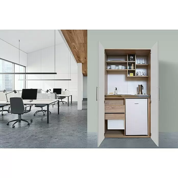 Respekta Cocina en armario Peter - Ancho: 104 cm, Gris, Placa vitrocerámica y frigorífico - Mueble de cocina compacto de madera clara con puertas blancas, mini-nevera y fregadero integrados, estantes con menaje, en una oficina moderna.