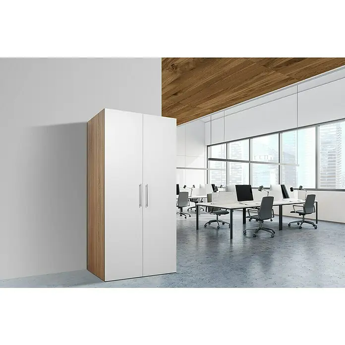 Respekta Cocina en armario Peter - Ancho: 104 cm, Blanco, Placa de cocina doble y microondas - Un interior de oficina espacioso con un gran armario de dos puertas en tonos de madera y blanco, que combina almacenamiento y estilo.