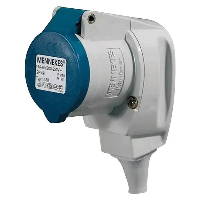 Mennekes CEE-Kupplung Winkel - 230 V, Polanzahl: 3 Stk., IP44 - Nahaufnahme einer Mennekes Wandsteckdose, blau-weiße Ausführung, ideal für den Innen- und Außenbereich.
