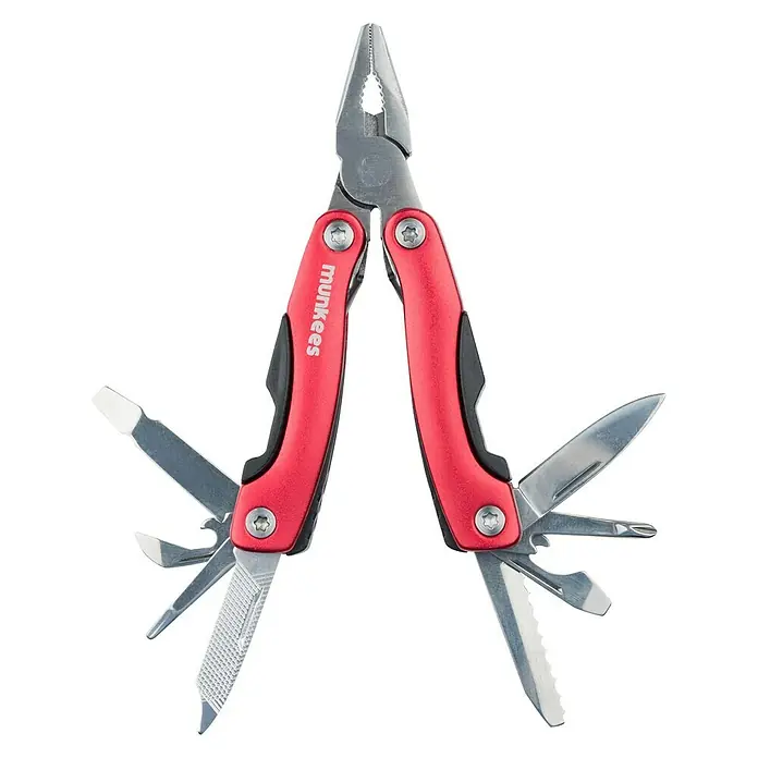 Multi-Tool Edelstahl - 6,9 x 3,1 x 1,9 cm - Ein rotes Multitool mit Zange und verschiedenen Werkzeugen, ideal für den täglichen Gebrauch oder Outdoor-Aktivitäten.