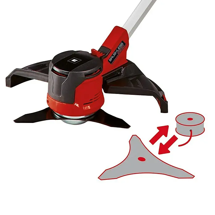 Einhell PXC 18V Desbrozadora de batería Agillo - 36 V, Iones de litio, Sin batería - Primer plano del cortacésped inalámbrico. El dispositivo tiene un motor sin escobillas y puede usarse con cuchillos o hilo.
