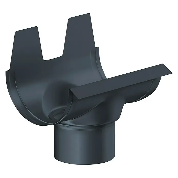 Sarei Rinnenstutzen - 80/60 mm, Aluminium, Anthrazit, Rund - Nahaufnahme einer grauen Regenrinnen-Einlaufspinne aus Kunststoff für die Dachentwässerung auf schwarzem Hintergrund.