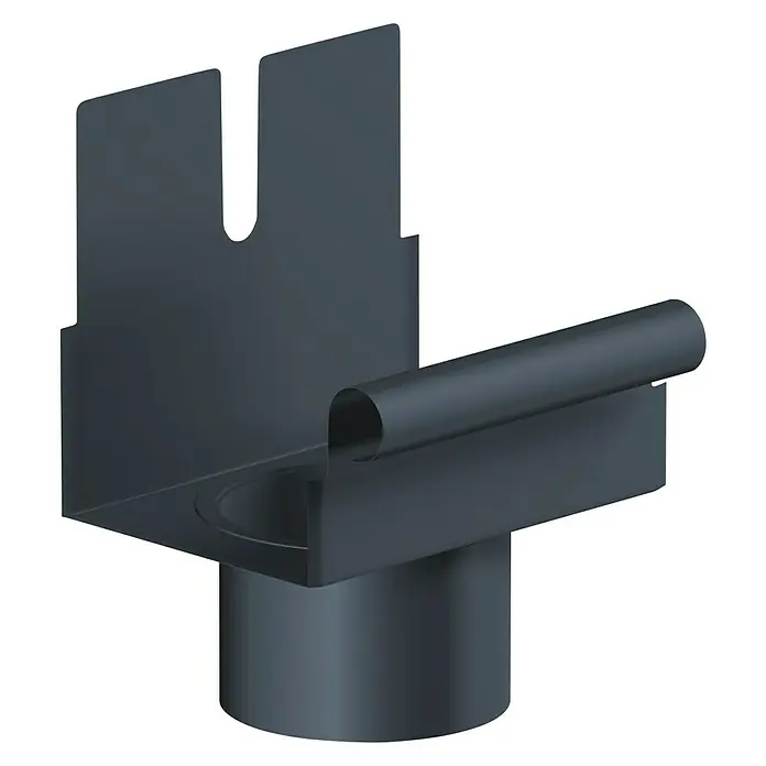 Sarei Rinnenstutzen - Aluminium, Anthrazit, 70/60 mm - Eine Nahaufnahme eines robusten, anthrazitfarbenen Fallrohrstutzens, der für eine optimale Regenwasserableitung und Haltbarkeit entwickelt wurde.