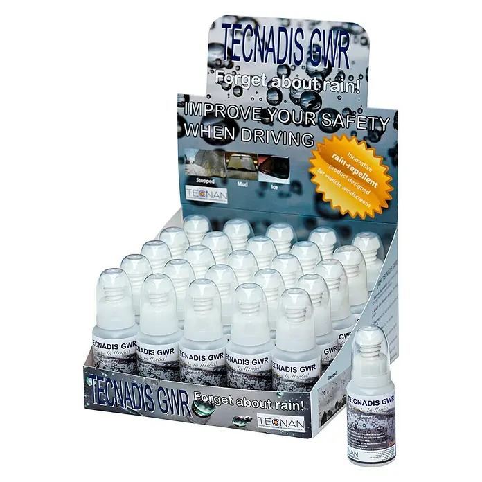 Antilluvia Tecnadis GWR - 50 ml - Primer plano de un expositor con sellador para parabrisas TECNADIS GWR, diseñado para mejorar la seguridad al conducir.