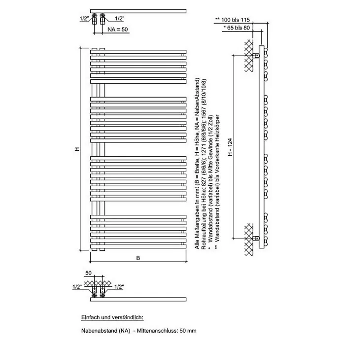 Ximax Badheizkörper Helene - B x H: 600 x 1.567 mm, Wärmeleistung bei Vorlauftemperatur von 75 °C (D: 50): 921 W - Technische Zeichnung eines Handtuchwärmers mit Maßangaben zu Höhe, Breite und Nabenabstand für die Installation.