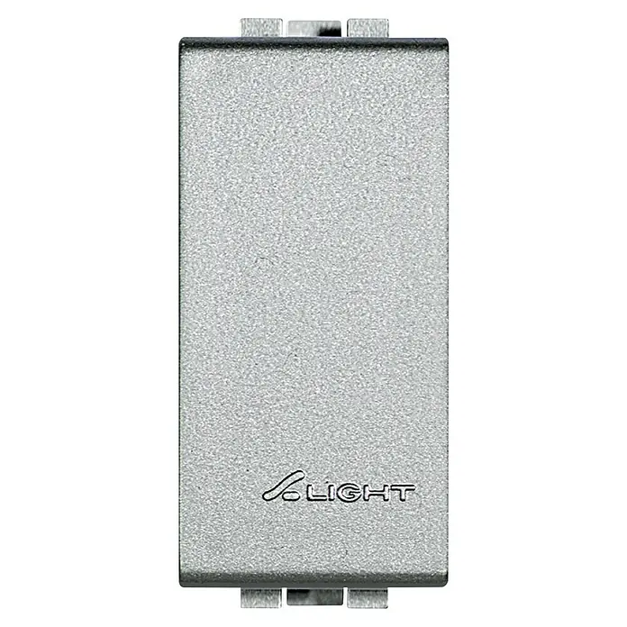 Bticino Living Light Tapa para mecanismo - Plateado, Plástico, Colocar - Primer plano de un interruptor de luz plateado con la inscripción "LIGHT", mostrando su diseño moderno y acabado de alta calidad.