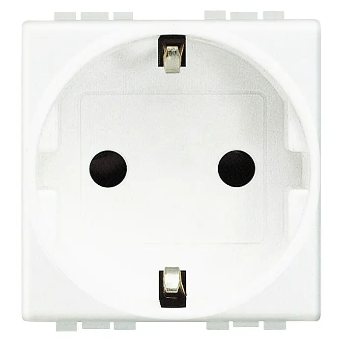 Bticino Living Light Enchufe - Blanco, Plástico, Instalar - Primer plano de una toma de corriente Schuko blanca diseñada para el estándar europeo.