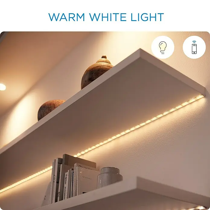 Philips Wiz Bombilla LED Regulable Colores - E27, Intensidad regulable, RGBW, 1.521 lm, 13 W - Iluminación de tira LED blanco cálido debajo de los estantes, creando un ambiente acogedor, perfecto para espacios habitables. El color de la luz es cálido y acogedor.