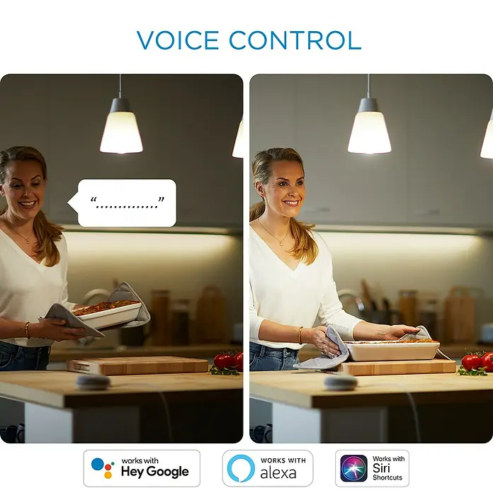 Philips Wiz Smart-LED-Lampe - E27, Dimmbar, Mehrfarbig, 806 lm, 6,7 W, ST64 - Produktbild mit einer Frau in der Küche, die eine smarte Lampe mit Sprachsteuerung bedient, kompatibel mit Alexa, Google und Siri.