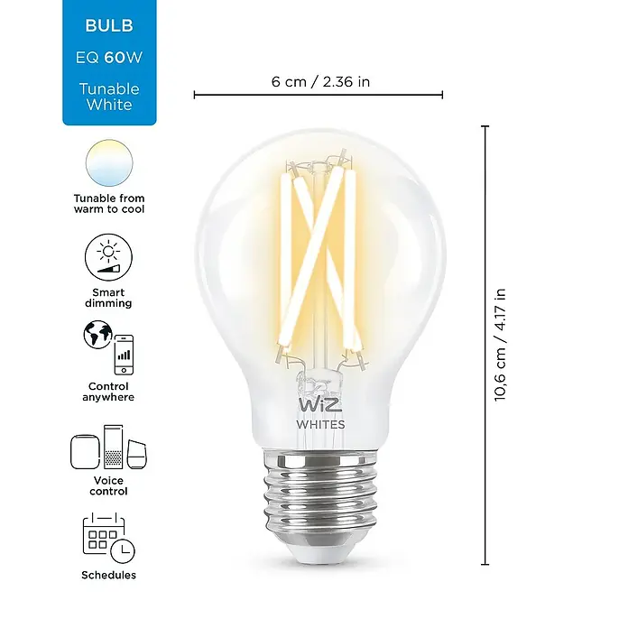 Philips Wiz Smart-LED-Lampe - E27, Dimmbar, Mehrfarbig, 806 lm, 6,7 W, Farbe: Durchsichtig - Produktbild einer smarten WiZ-Glühbirne mit den Maßen 6 cm Breite und 10,6 cm Höhe.