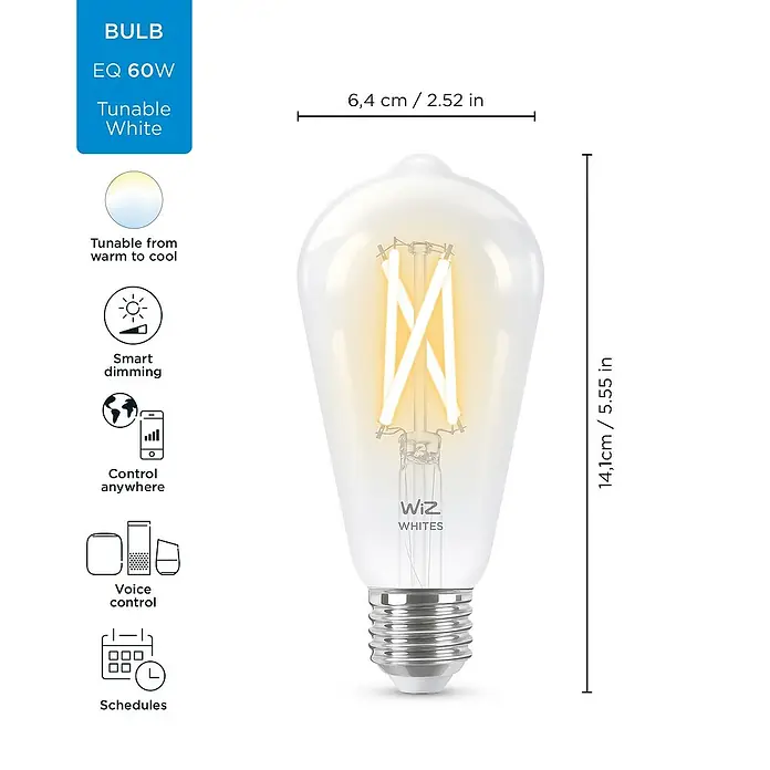 Philips Wiz Smart-LED-Lampe - E27, Dimmbar, Mehrfarbig, 806 lm, 6,7 W, ST64 - Produktbild einer smarten WiZ Glühbirne mit der Angabe der Größe und den Funktionen wie Dimmbarkeit und Steuerung.
